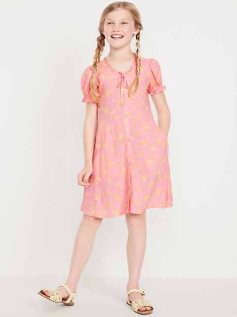 Printed Short-Sleeve Button-Front Fit and Flare Dress for Girls