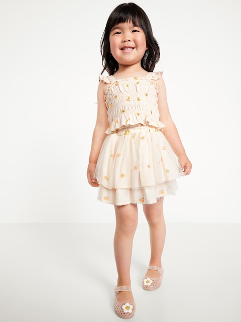 Printed Sleeveless Smocked Top and Tulle Skirt Set for Toddler Girls