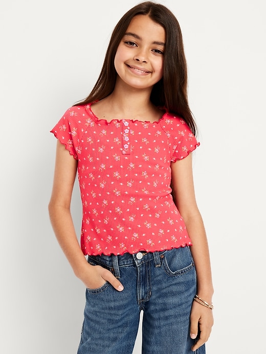 View large product image 1 of 1. Fitted Short-Sleeve Lettuce-Edge Top for Girls