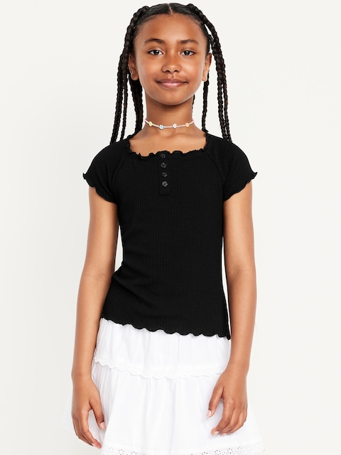 Fitted Short-Sleeve Lettuce-Edge Top for Girls - Black