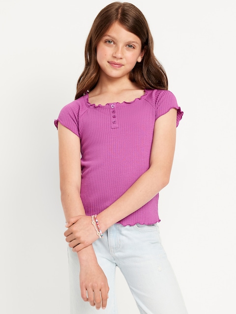 Fitted Short-Sleeve Lettuce-Edge Top for Girls