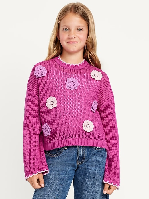 View large product image 1 of 4. Long-Sleeve Crochet-Floral Sweater for Girls