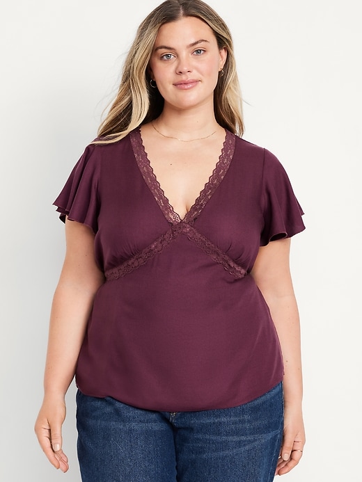 Image number 7 showing, Lace-Trim V-Neck Crepe Top