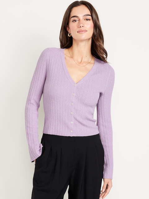 Textured Bouclé Button-Down Sweater - Purple