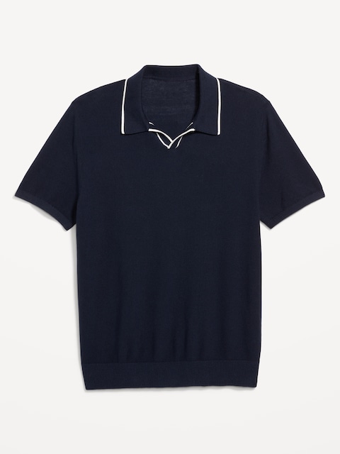 Tipped Collar Polo Sweater - Blue
