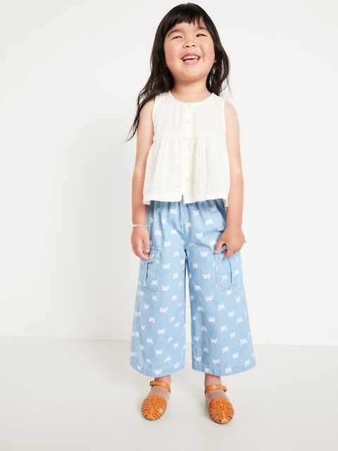Sleeveless Button-Front Top and Cargo Pants Set for Toddler Girls