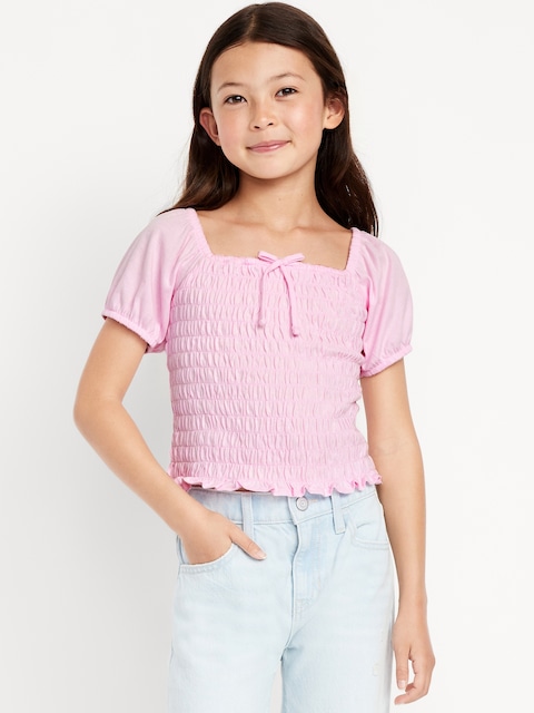 Short Puff-Sleeve Smocked Top for Girls - Pink