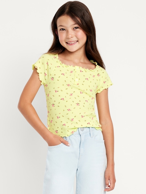 Fitted Short-Sleeve Lettuce-Edge Top for Girls