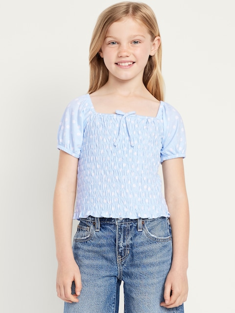 Short Puff-Sleeve Smocked Top for Girls - Blue