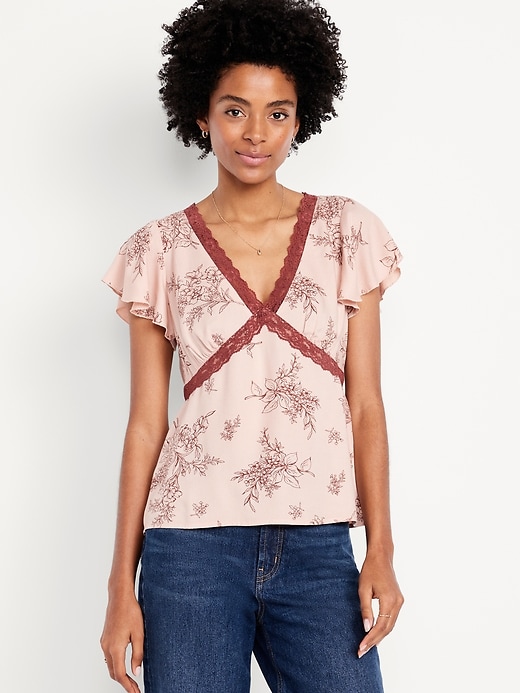Image number 1 showing, Lace-Trim V-Neck Crepe Top