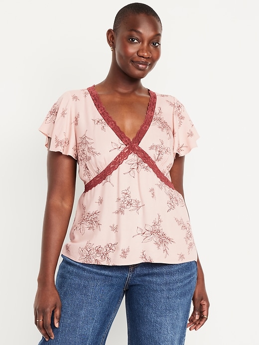 Image number 5 showing, Lace-Trim V-Neck Crepe Top
