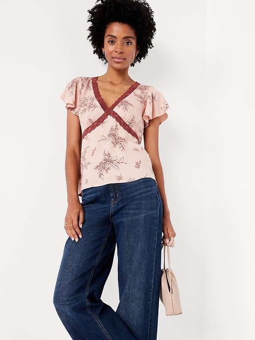 Image number 3 showing, Lace-Trim V-Neck Crepe Top