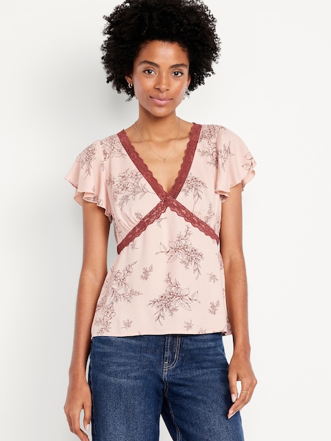 Lace-Trim V-Neck Crepe Top