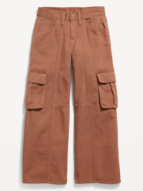 Super Baggy Wide-Leg Cargo Twill Pants for Girls - Brown