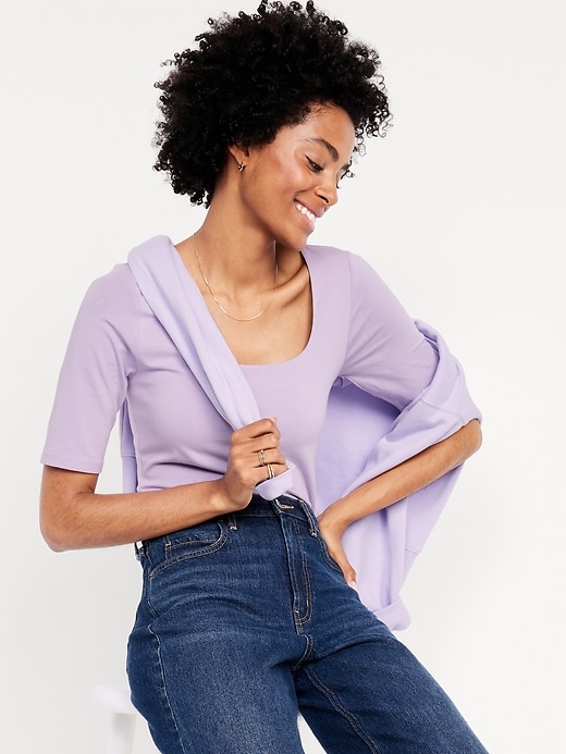 Image number 3 showing, Double-Layer Elbow-Sleeve Scoop-Neck T-Shirt