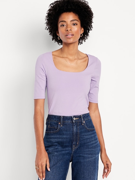 Image number 1 showing, Double-Layer Elbow-Sleeve Scoop-Neck T-Shirt