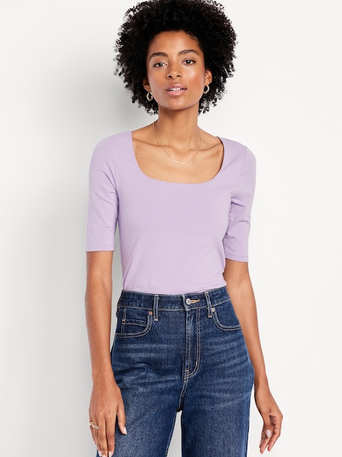 Double-Layer Elbow-Sleeve Scoop-Neck T-Shirt - Purple
