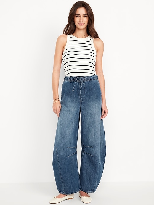 Image number 1 showing, High-Waisted Pull-On Barrel Jeans