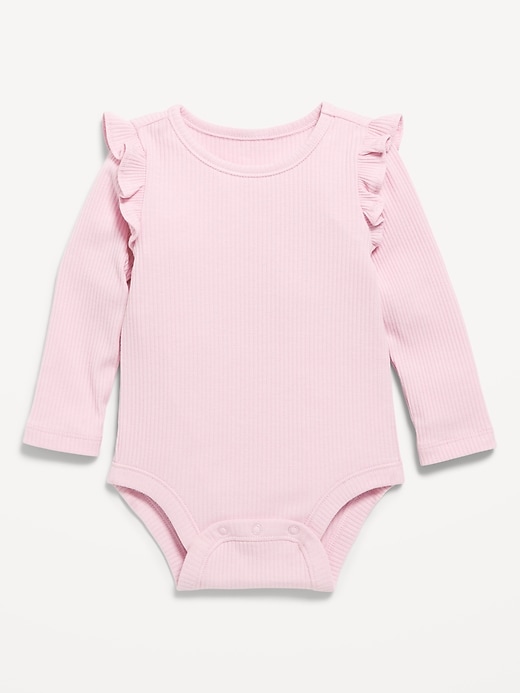 View large product image 1 of 2. Long-Sleeve Ribbed Ruffle-Trim Bodysuit for Baby