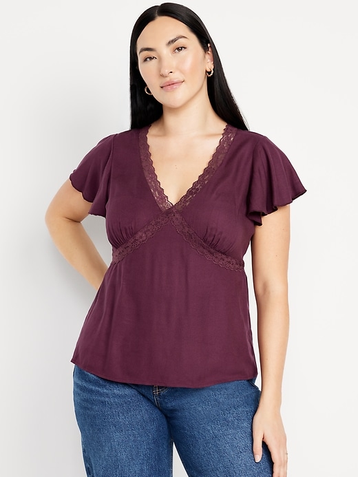 Image number 5 showing, Lace-Trim V-Neck Crepe Top