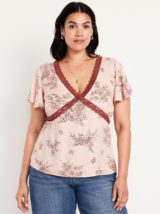 Image number 7 showing, Lace-Trim V-Neck Crepe Top