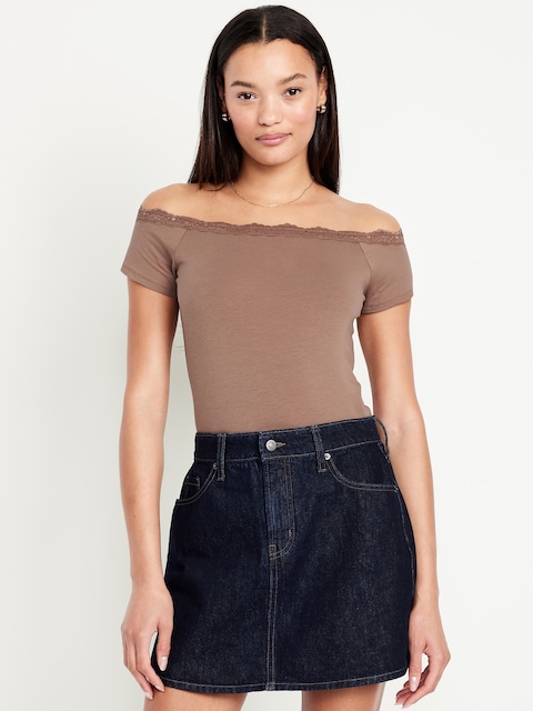 Off-Shoulder Lace-Trim Top - Brown