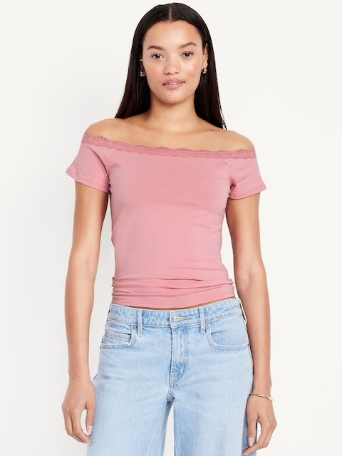 Off-Shoulder Lace-Trim Top - Pink