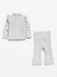 Image number 2 showing, Cozy Long-Sleeve Ribbed Ruffle-Trim Top and Pants Set for Baby