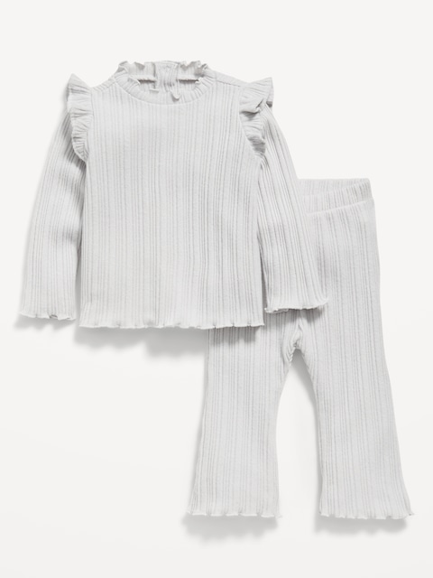 Cozy Long-Sleeve Ribbed Ruffle-Trim Top and Pants Set for Baby - Gray
