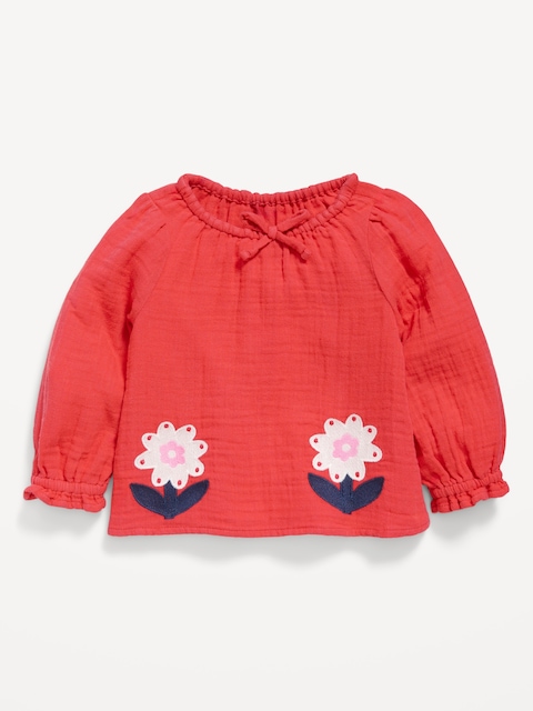 Long-Sleeve Embroidered Double-Weave Top for Baby - Red