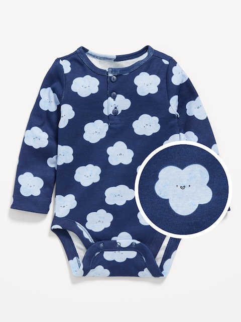 Printed Long-Sleeve Henley Bodysuit for Baby - White