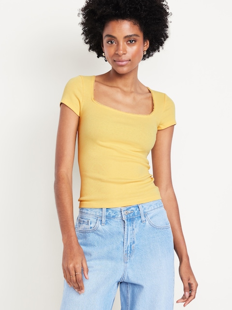 Square-Neck Ribbed T-Shirt - Yellow