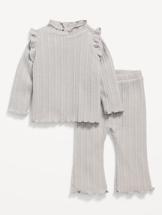 Voir une image plus grande du produit 1 de 2. Ensemble douillet composé d’un pantalon et d’un haut côtelé à manches longues à volants pour bébé