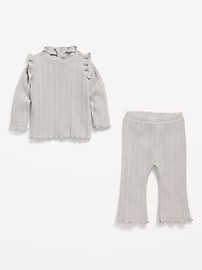 Image number 2 showing, Cozy Long-Sleeve Ribbed Ruffle-Trim Top and Pants Set for Baby