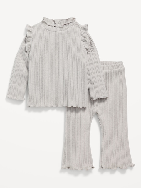 Cozy Long-Sleeve Ribbed Ruffle-Trim Top and Pants Set for Baby - Beige