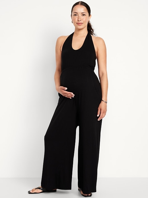 Image number 1 showing, Maternity Waist-Defined Halter Jumpsuit
