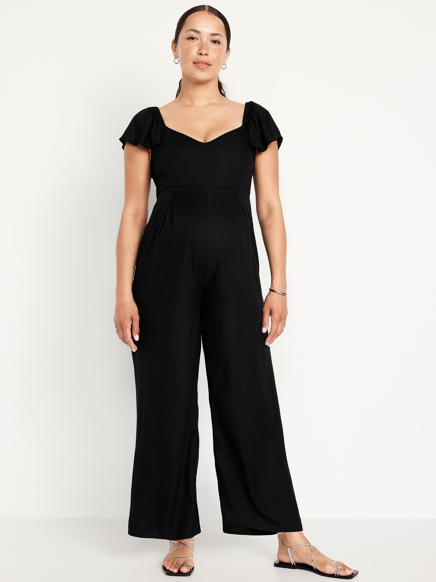 Maternity Flutter-Sleeve Crepe Jumpsuit