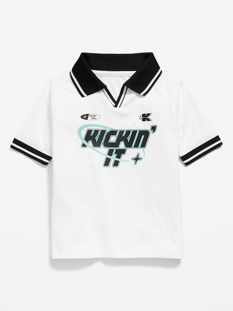 Oversized Collared Graphic Performance Top for Toddler Boys - White