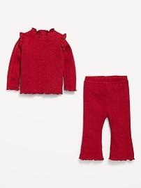 Image number 2 showing, Cozy Long-Sleeve Ribbed Ruffle-Trim Top and Pants Set for Baby