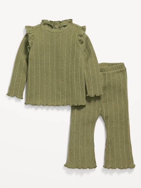 Cozy Long-Sleeve Ribbed Ruffle-Trim Top and Pants Set for Baby - Green