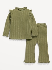 Image number 1 showing, Cozy Long-Sleeve Ribbed Ruffle-Trim Top and Pants Set for Baby