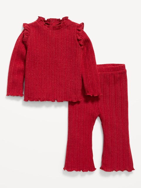 Ensemble douillet composé d’un pantalon et d’un haut côtelé à manches longues à volants pour bébé - Rouge