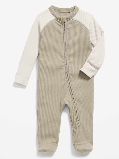 Ribbed 2-Way-Zip Sleep & Play Footed One-Piece for Baby - Beige