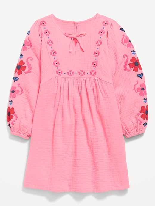 View large product image 1 of 3. Long-Sleeve Double-Weave Embroidered Swing Dress for Girls