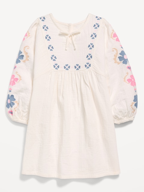 Long-Sleeve Double-Weave Embroidered Swing Dress for Girls - White