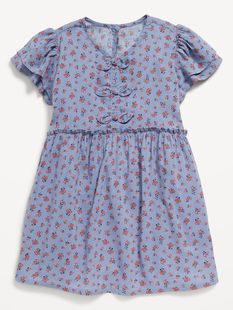 Printed Short-Sleeve Ruffled Bow Dress for Toddler Girls - Multi