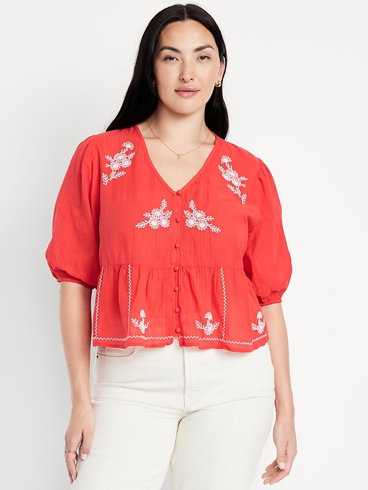 Image number 5 showing, Crinkle Gauze Button-Down Embroidered Top
