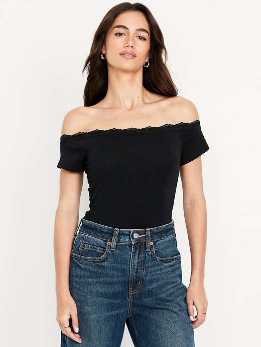 Image number 1 showing, Off-Shoulder Lace-Trim Top