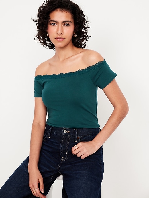 Image number 3 showing, Off-Shoulder Lace-Trim Top