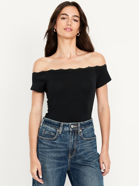 Off-Shoulder Lace-Trim Top - Gray